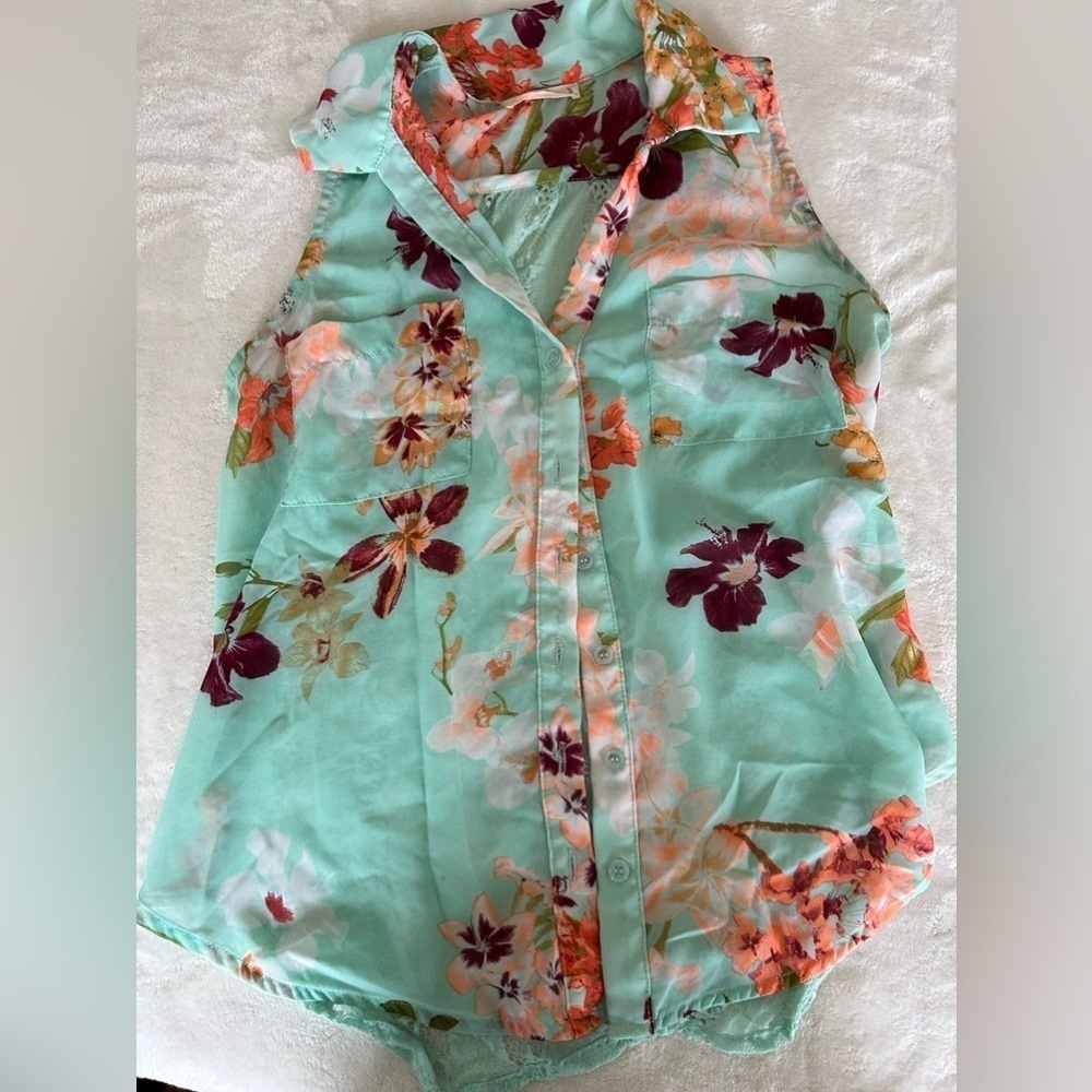 Teal floral sleeveless blouse - Picture 1 of 2